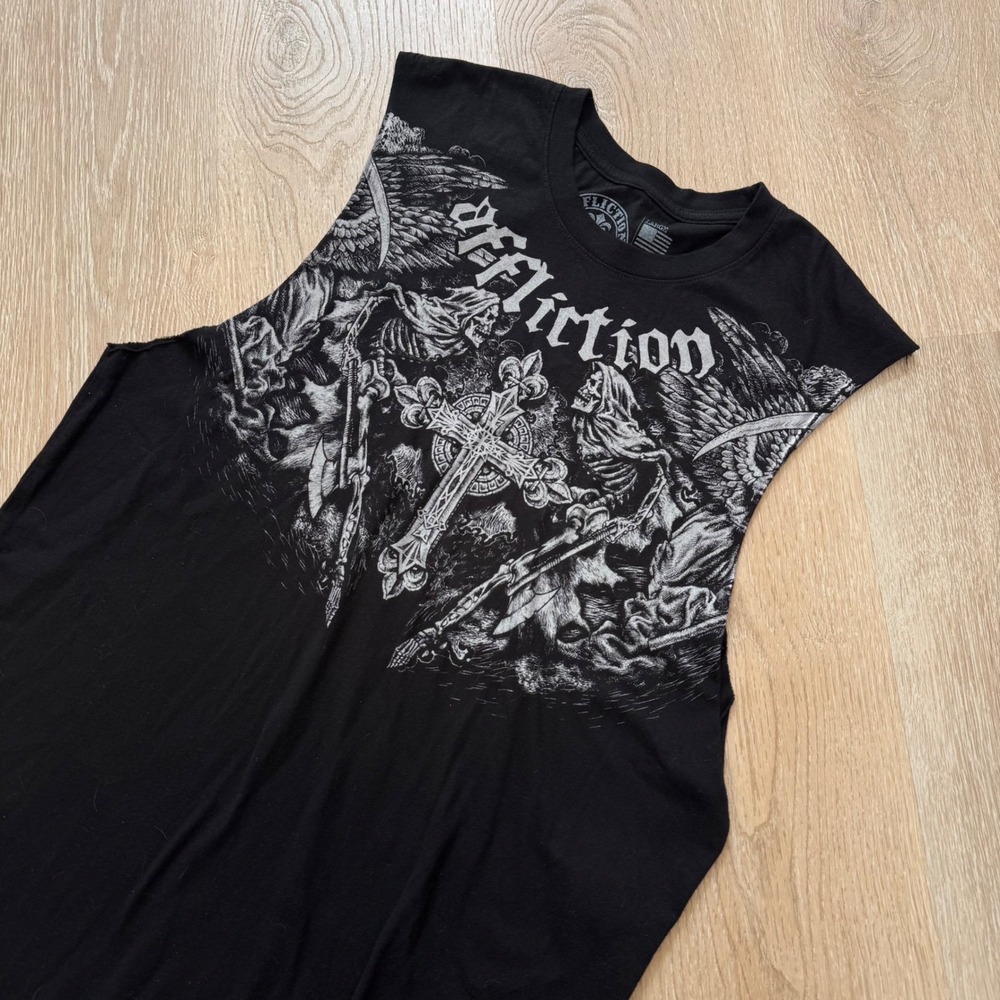 Affliction Live Fast Muscle Tank Top Mens Large Black Gothic Skeleton Cross Tee
